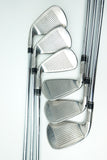 A set of five silver metal golf iron clubs arranged in a fan shape on a clean white background.
